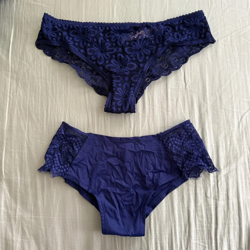 Navy Blue Floral Lace Push Up Bra 32C & Matching Cheeky Panties XS Daisy Set